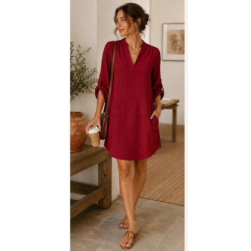 LUSH Split-Neck Cranberry Tunic Shirt Dress w/Pockets Size XS